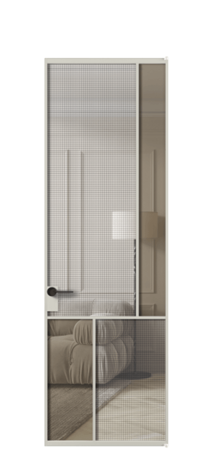 Межкомнатная дверь Mosaic АЛПЛ041.21 Алюминий тёплый серый Декоративное стекло с сеткой "Mesh silver", триплекс, 6 мм + Прозрачное бронзовое стекло, триплекс Цена 132572 ₽ | Volhovec