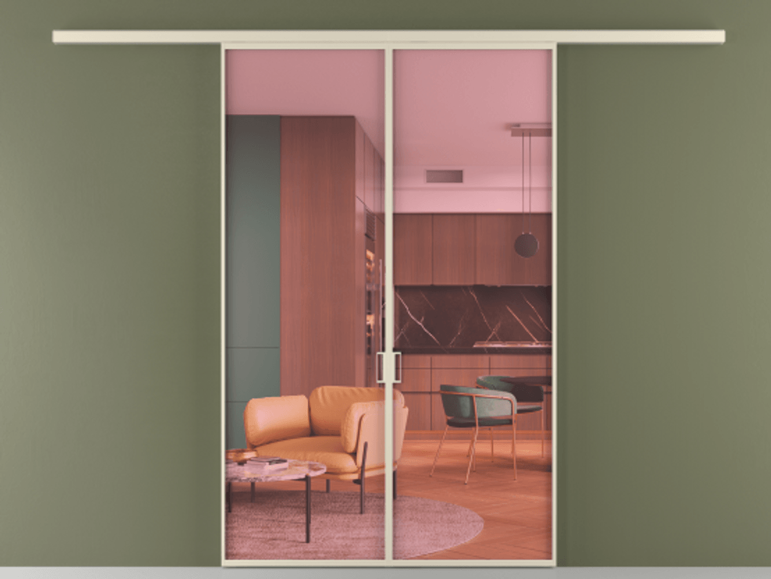 Перегородка Formato вдоль стены 2 створки АЛПР 040.01 Алюминий бежево-серый Прозрачное розовое стекло, триплекс Цена 222200 ₽ | Volhovec