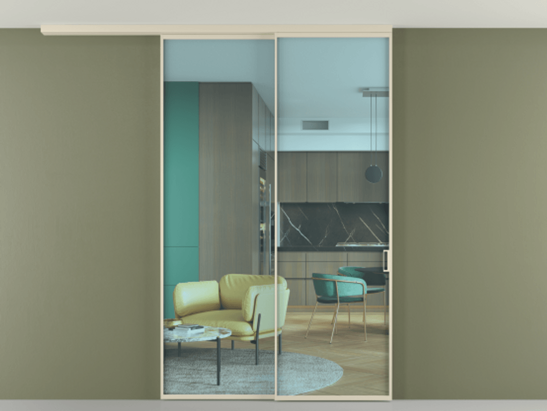 Перегородка Formato вдоль стены на потолок 2 створки с синхронным механизмом АЛПР 040.01 Алюминий бежево-серый Прозрачное голубое стекло, триплекс Цена 299140 ₽ | Volhovec