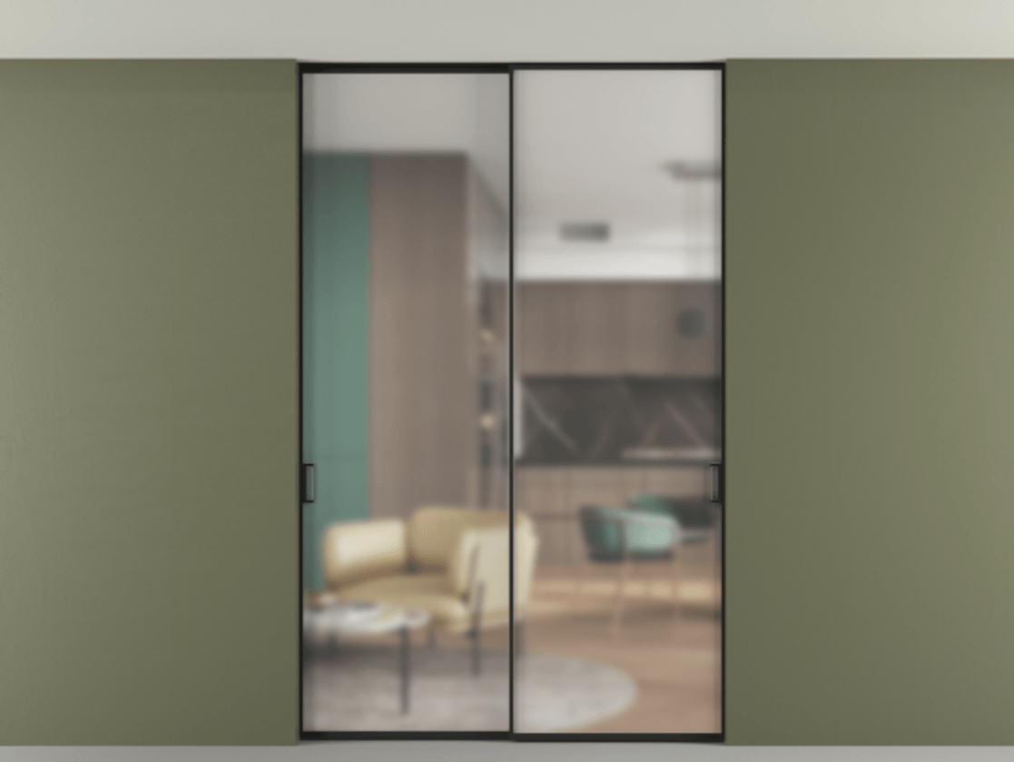 Перегородка Formato внутри проёма двустворчатая со скрытым креплением в потолок АЛПР 040.01 Алюминий Черный Сатинированное стекло "Matelux Crystal Vision", калёное, матовое, каленое 6 мм Цена 270600 ₽ | Volhovec