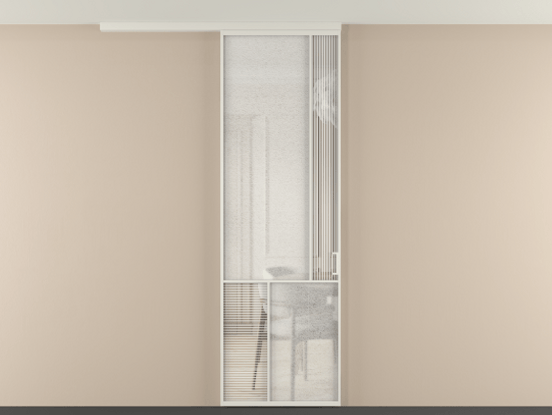 Перегородка Mosaic вдоль стены на потолок 1 створка АЛПР 041.21 Алюминий Белый Рифлёное стекло "Дюна", триплекс, 6 мм + Фактурное стекло "Лёд", триплекс Цена 27924680 so'm | Volhovec