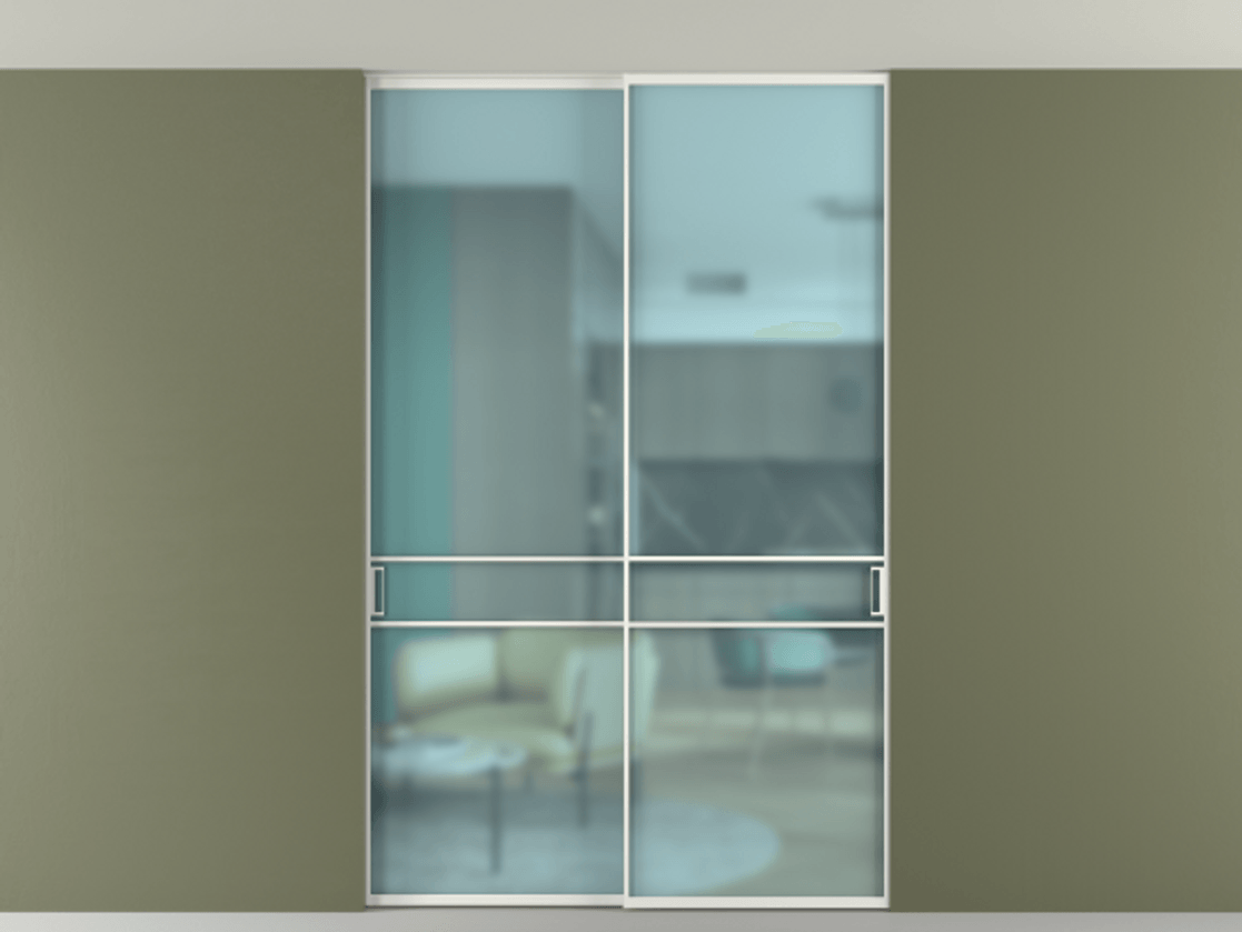 Перегородка Формато внутри проёма скрытое крепление в потолок 2 створки АЛПР 040.02 Алюминий светло-серый Сатинированное голубое стекло, триплекс Цена 256476 ₽ | Volhovec