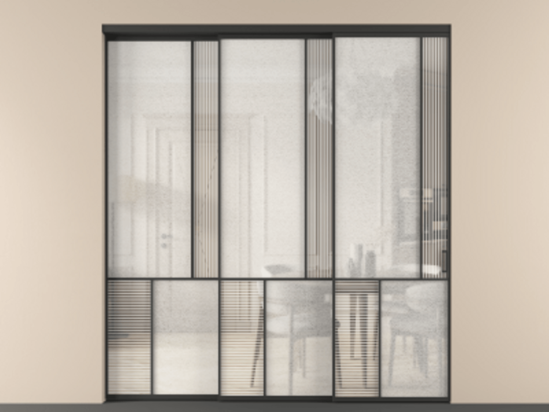 Перегородка Mosaic внутри проёма телескопик синхро 2 АЛПР 041.21 Алюминий Черный Рифлёное стекло "Дюна", триплекс, 6 мм + Фактурное стекло "Лёд", триплекс. Скрытый короб ЧЕР Цена 417340 ₽ . Фабрика дверей Волховец 8 (800) 551 43 19 Перегородка Mosaic внутри проёма телескопик синхро 2 АЛПР 041.21 Алюминий Черный Рифлёное стекло "Дюна", триплекс, 6 мм + Фактурное стекло "Лёд", триплекс Цена 417340 ₽ | Volhovec