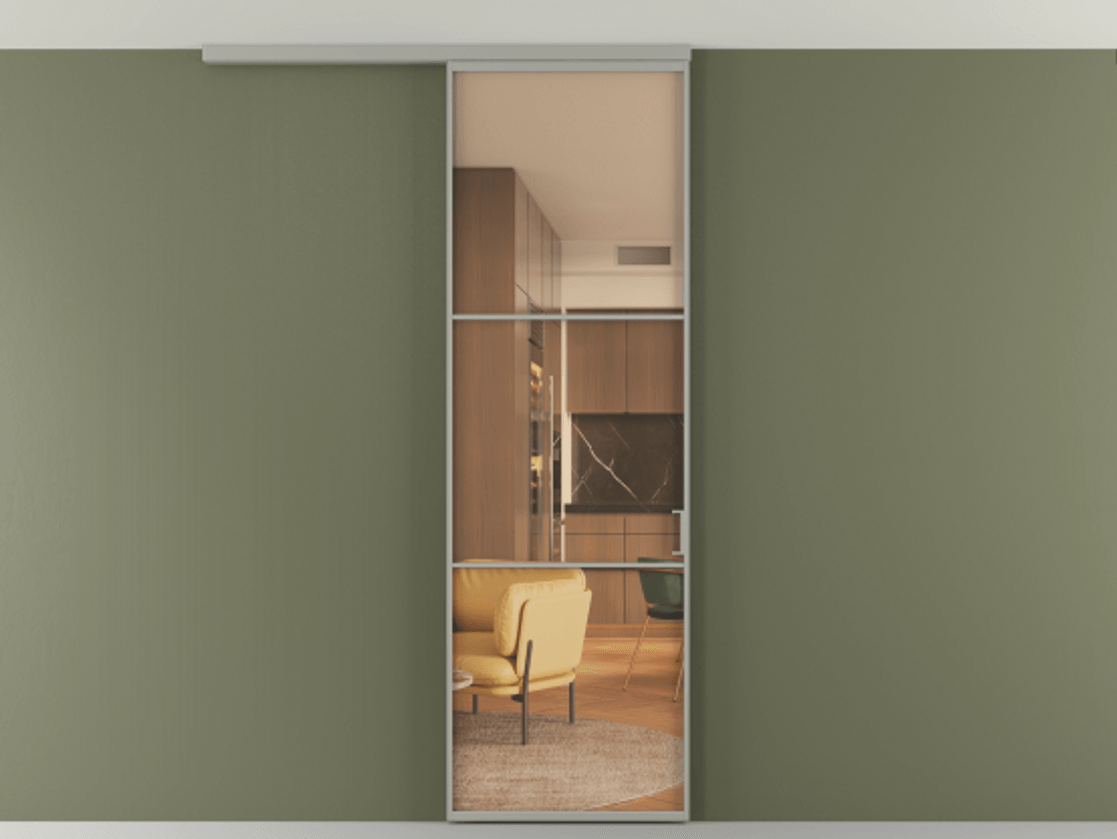 Перегородка Формато вдоль стены на потолок 1 створка АЛПР 040.03 Алюминий нейтральный серый Прозрачное оранжевое стекло, триплекс Цена 100988 ₽ | Volhovec