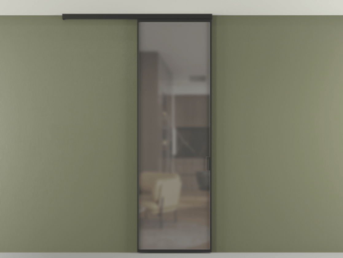 Перегородка Formato вдоль стены на потолок одностворчатая АЛПР 040.01 Алюминий Черный Сатинированное серое стекло, триплекс Цена 100950 ₽ | Volhovec