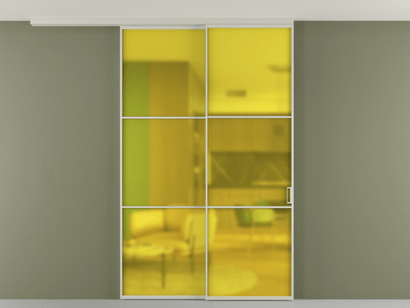 Алюминевая перегородка pv2_2_03_ Алюминий тёплый серый Сатинированное жёлтое стекло, триплекс, 6мм. Цвет Алюминий тёплый серый. Материал Алюминий в эмали. Коллекция Перегородка Formato вдоль стены на потолок телескопик синхро 2. Картинка.