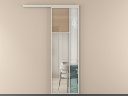 Алюминевая перегородка vd1_7 Алюминий тёплый серый Четыре стекла. Цвет Алюминий тёплый серый. Материал Алюминий в эмали. Коллекция Перегородка Mosaic вдоль стены одностворчатая. Картинка.