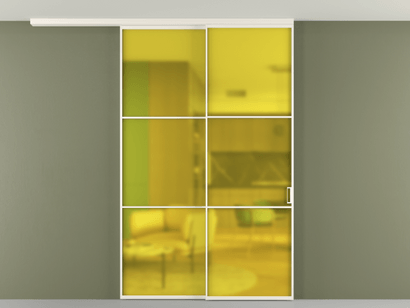 Алюминевая перегородка pv2_2_03_ Алюминий пудровый белый Сатинированное жёлтое стекло, триплекс, 6мм. Цвет Алюминий пудровый белый. Материал Алюминий в эмали. Коллекция Перегородка Formato вдоль стены на потолок телескопик синхро 2. Картинка.