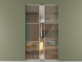 Алюминевая перегородка skr2_03_ Алюминий тёплый серый Stopsol Bronze прозрачное. Цвет Алюминий тёплый серый. Материал Алюминий в эмали. Коллекция Перегородка Formato скрытый пенал двустворчатая. Картинка.