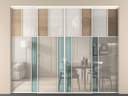 Алюминевая перегородка vnt4_2 Алюминий пудровый белый Четыре стекла. Цвет Алюминий пудровый белый. Материал Алюминий в эмали. Коллекция Перегородка Mosaic внутри проёма четырёхстворчатая. Картинка.