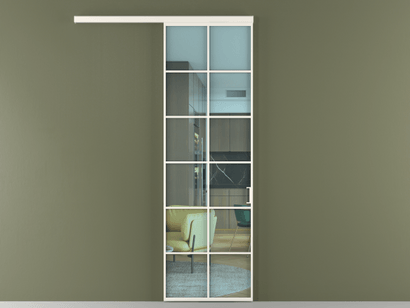 Алюминевая перегородка vd1_05_ Алюминий пудровый белый Прозрачное голубое стекло, триплекс, 6мм. Цвет Алюминий пудровый белый. Материал Алюминий в эмали. Коллекция Перегородка Formato вдоль стены одностворчатая. Картинка.