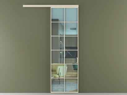 Алюминевая перегородка vd1_05_ Алюминий бежево-серый Прозрачное голубое стекло, триплекс, 6мм. Цвет Алюминий бежево-серый. Материал Алюминий в эмали. Коллекция Перегородка Formato вдоль стены одностворчатая. Картинка.