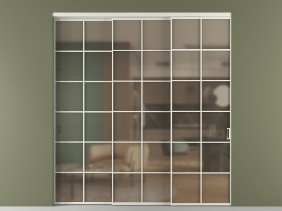 Алюминевая перегородка vn3_05 Бронза сатин триплекс БЕЛ. Цвет Алюминий Белый. Материал Алюминий. Коллекция Перегородка Формато внутри проёма 3 створки с синхронным механизмом. Картинка.