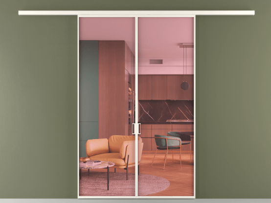 Алюминевая перегородка vd2_01_ Алюминий пудровый белый Прозрачное розовое стекло, триплекс, 6мм. Цвет Алюминий пудровый белый. Материал Алюминий в эмали. Коллекция Перегородка Formato вдоль стены 2 створки. Картинка.