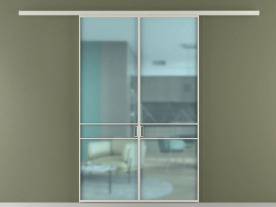 Алюминевая перегородка vd2_02_ Алюминий тёплый серый Сатинированное голубое стекло, триплекс, 6мм. Цвет Алюминий тёплый серый. Материал Алюминий в эмали. Коллекция Перегородка Formato вдоль стены 2 створки. Картинка.