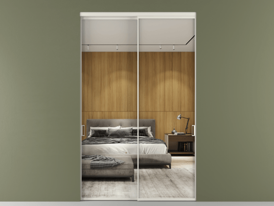 Алюминевая перегородка vn2_01 Зеркало триплекс БЕЛ. Цвет Алюминий Белый. Материал Алюминий. Коллекция Перегородка Formato внутри проёма 2 створки. Картинка.