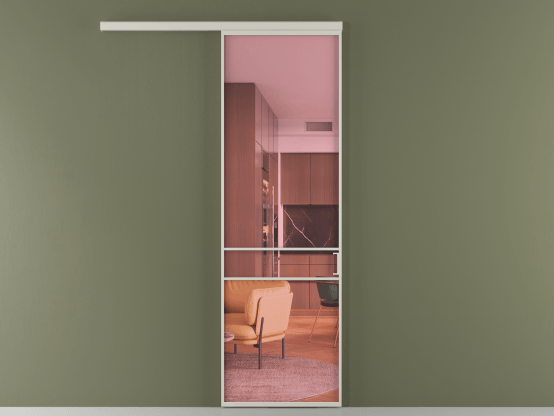 Алюминевая перегородка vd1_02_ Алюминий тёплый серый Прозрачное розовое стекло, триплекс, 6мм. Цвет Алюминий тёплый серый. Материал Алюминий в эмали. Коллекция Перегородка Formato вдоль стены 1 створка. Картинка.