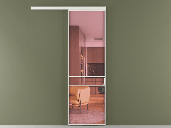 Алюминевая перегородка vd1_02_ Алюминий светло-серый Прозрачное розовое стекло, триплекс, 6мм. Цвет Алюминий светло-серый. Материал Алюминий в эмали. Коллекция Перегородка Formato вдоль стены 1 створка. Картинка.