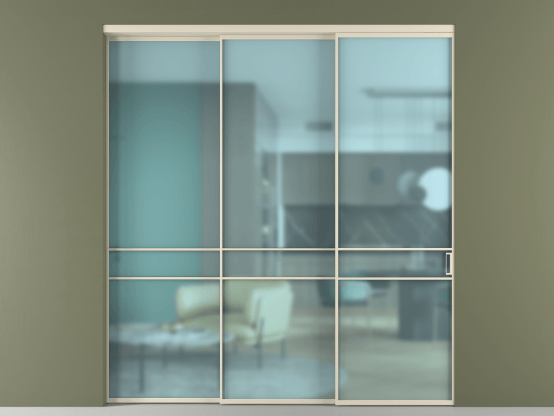 Алюминевая перегородка vn3_02_ Алюминий бежево-серый Сатинированное голубое стекло, триплекс, 6мм. Цвет Алюминий бежево-серый. Материал Алюминий в эмали. Коллекция Перегородка Formato внутри проёма 3 створки с синхронным механизмом. Картинка.