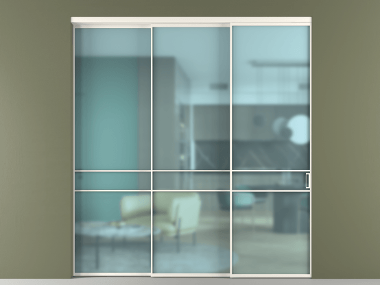 Алюминевая перегородка vn3_02_ Алюминий пудровый белый Сатинированное голубое стекло, триплекс, 6мм. Цвет Алюминий пудровый белый. Материал Алюминий в эмали. Коллекция Перегородка Formato внутри проёма 3 створки с синхронным механизмом. Картинка.