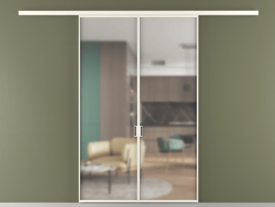 Алюминевая перегородка АЛПР 040.01_АЖМ_Matelux Crystalvision_new. Цвет Алюминий жемчужный. Материал Алюминий в эмали. Коллекция Перегородка Formato вдоль стены 2 створки. Картинка.