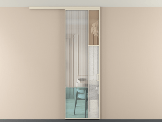 Алюминевая перегородка vdp1_8 Алюминий бежево-серый Четыре стекла. Цвет Алюминий бежево-серый. Материал Алюминий в эмали. Коллекция Перегородка Mosaic вдоль стены на потолок 1 створка. Картинка.