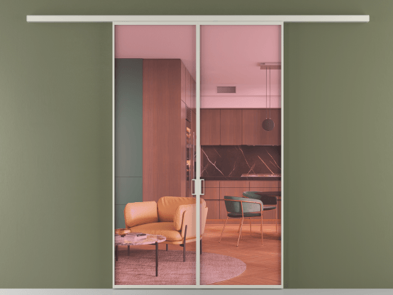 Алюминевая перегородка vd2_01_ Алюминий тёплый серый Прозрачное розовое стекло, триплекс, 6мм. Цвет Алюминий тёплый серый. Материал Алюминий в эмали. Коллекция Перегородка Formato вдоль стены 2 створки. Картинка.