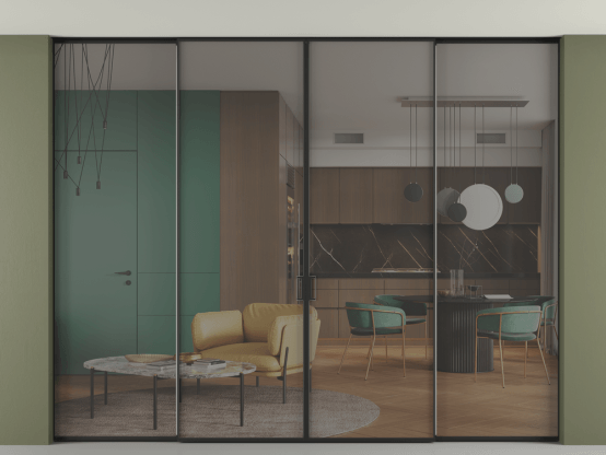 Алюминевая перегородка p2+2_01 Серый триплекс ЧЕР. Цвет Алюминий Черный. Материал Алюминий. Коллекция Перегородка Formato внутри проёма скрытое крепление в потолок 4 створки. Картинка.