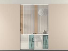 Алюминевая перегородка vntp2_3 Алюминий светло-серый Четыре стекла. Цвет Алюминий светло-серый. Материал Алюминий в эмали. Коллекция Перегородка Mosaic внутри проёма скрытое крепление в потолок 2 створки. Картинка.