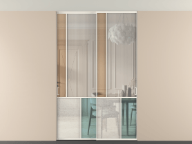 Алюминевая перегородка vntp2_3 Алюминий пудровый белый Четыре стекла. Цвет Алюминий пудровый белый. Материал Алюминий в эмали. Коллекция Перегородка Mosaic внутри проёма скрытое крепление в потолок 2 створки. Картинка.