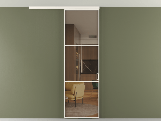 Алюминевая перегородка vd1_03 Алюминий пудровый белый Бронза прозрачное. Цвет Алюминий пудровый белый. Материал Алюминий в эмали. Коллекция Перегородка Формато вдоль стены на потолок 1 створка. Картинка.