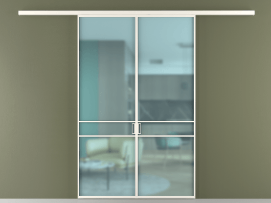 Алюминевая перегородка vd2_02_ Алюминий пудровый белый Сатинированное голубое стекло, триплекс, 6мм. Цвет Алюминий пудровый белый. Материал Алюминий в эмали. Коллекция Перегородка Formato вдоль стены 2 створки. Картинка.