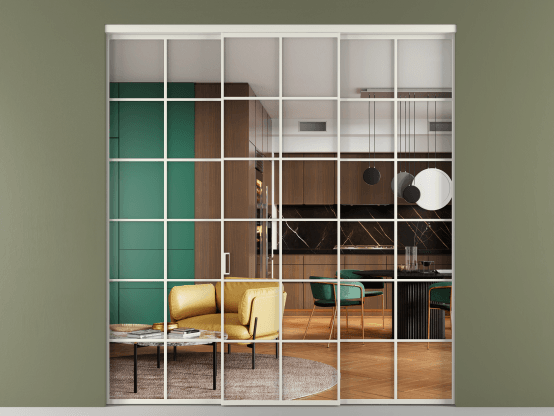 Алюминевая перегородка vn1+2_05 Crystalvision БЕЛ. Цвет Алюминий Белый. Материал Алюминий. Коллекция Перегородка Формато внутри проёма 3 створки. Картинка.