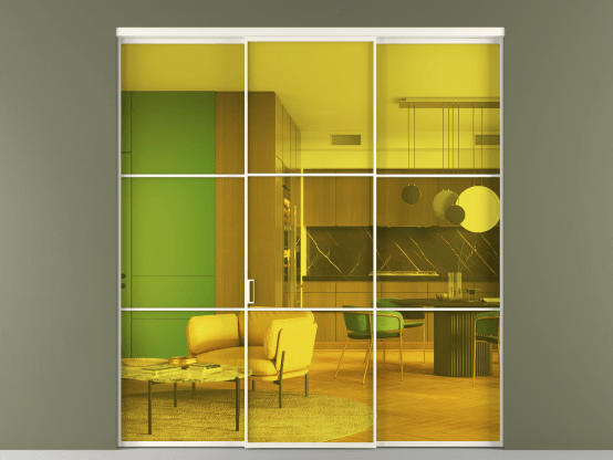 Алюминевая перегородка vn1+2_03_ Алюминий пудровый белый Прозрачное жёлтое стекло, триплекс, 6мм. Цвет Алюминий пудровый белый. Материал Алюминий в эмали. Коллекция Перегородка Formato внутри проёма 3 створки. Картинка.