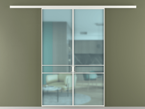 Алюминевая перегородка vd2_02_ Алюминий светло-серый Сатинированное голубое стекло, триплекс, 6мм. Цвет Алюминий светло-серый. Материал Алюминий в эмали. Коллекция Перегородка Formato вдоль стены 2 створки. Картинка.