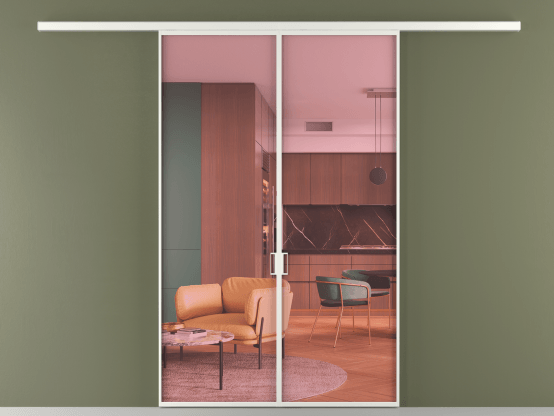 Алюминевая перегородка vd2_01_ Алюминий светло-серый Прозрачное розовое стекло, триплекс, 6мм. Цвет Алюминий светло-серый. Материал Алюминий в эмали. Коллекция Перегородка Formato вдоль стены 2 створки. Картинка.