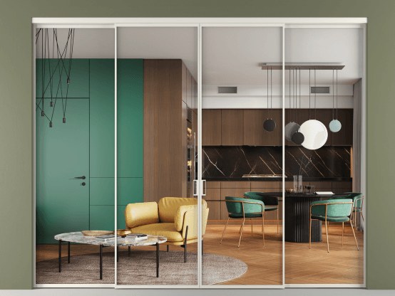 Алюминевая перегородка vn2+2_01 Crystalvision БЕЛ. Цвет Алюминий Белый. Материал Алюминий. Коллекция Перегородка Formato внутри проёма 4 створки. Картинка.